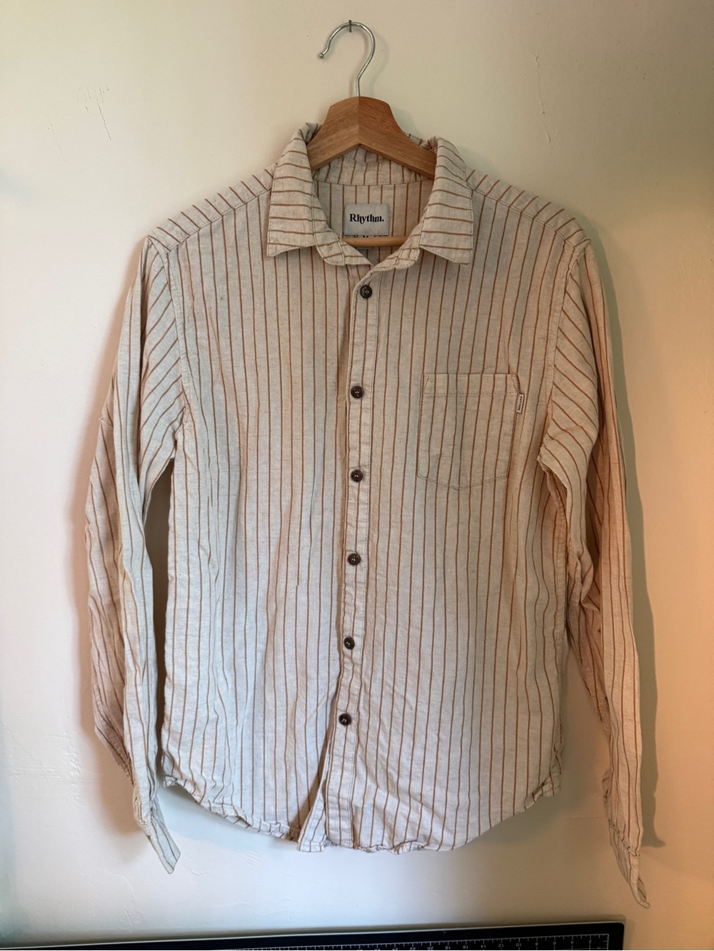Rhythm. Men's Cream Button-Down Shirt with Brown Stripes